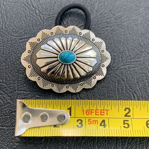 Western Cowgirl Concho Hair Tie, Silver & Faux Turquoise, Native American Style - Picture 10 of 10